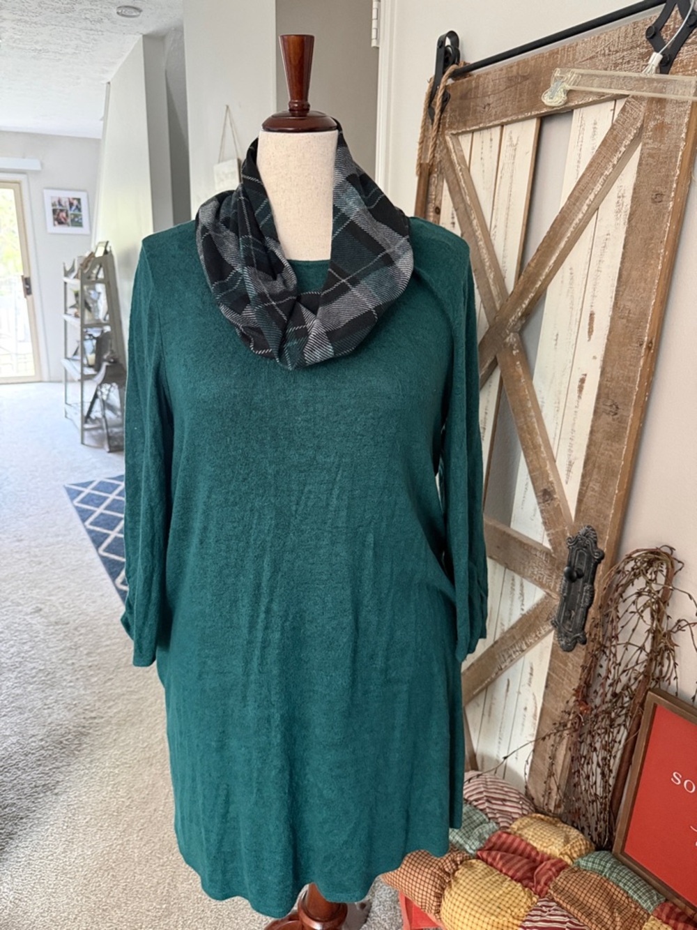 Alyx Forest Green Long Sleeve Dress with Black Plaid Scarf